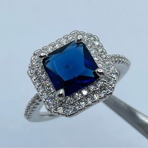 Sapphire Blue Princess Cut CZ Diamond White Halo Ring Silver Bridal Statement